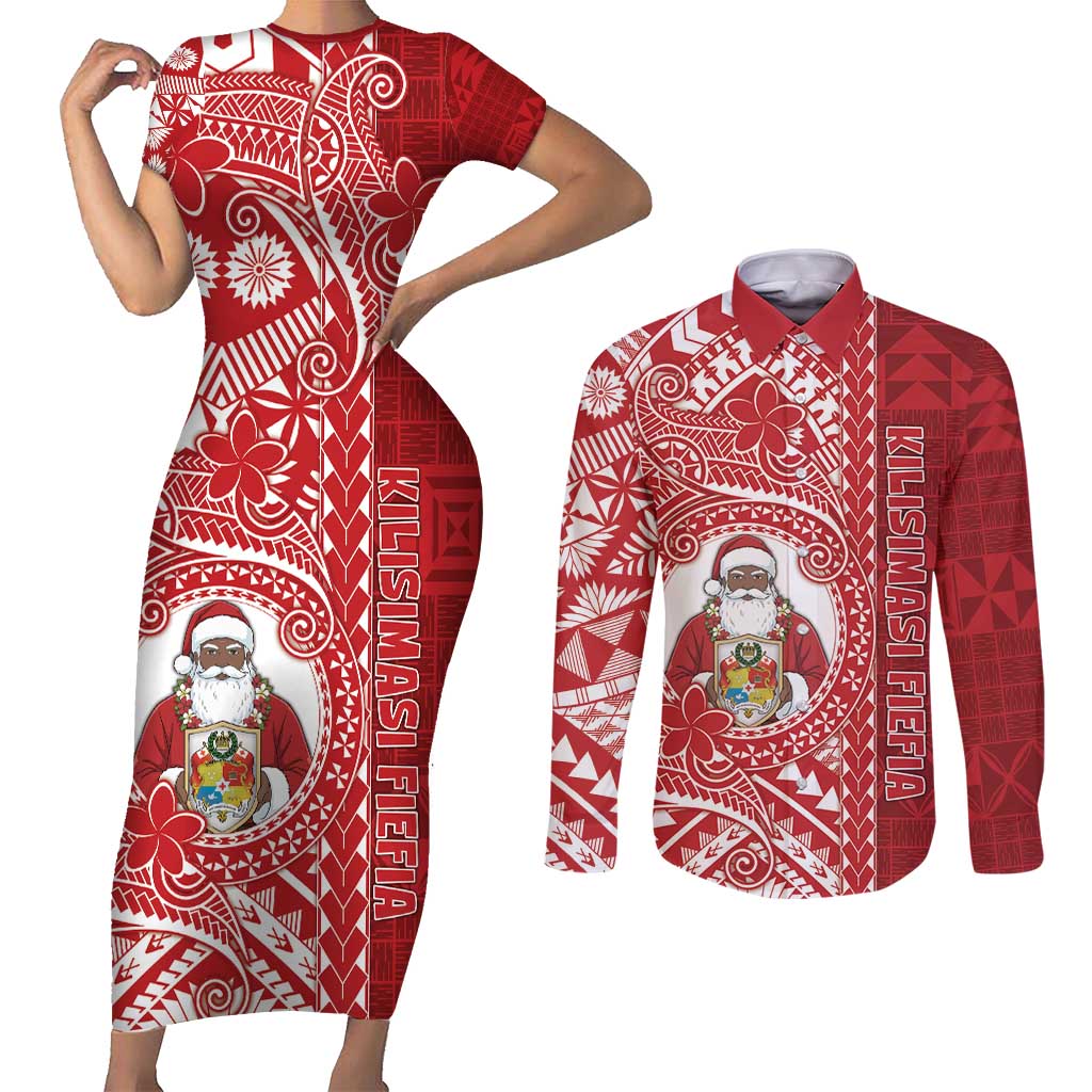 Tonga Christmas Couples Matching Short Sleeve Bodycon Dress and Long Sleeve Button Shirt Kilisimasi Fiefia DT05 Red - Polynesian Pride