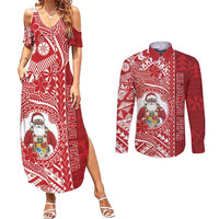 Tonga Christmas Couples Matching Summer Maxi Dress and Long Sleeve Button Shirt Kilisimasi Fiefia DT05 Red - Polynesian Pride