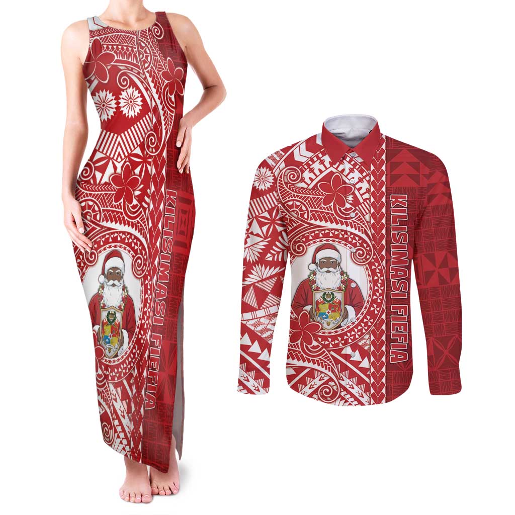 Tonga Christmas Couples Matching Tank Maxi Dress and Long Sleeve Button Shirt Kilisimasi Fiefia DT05 Red - Polynesian Pride