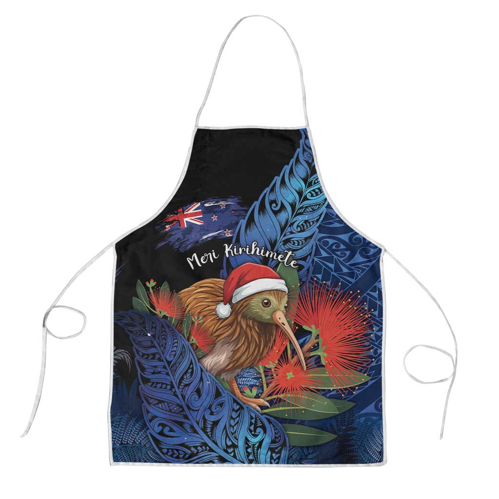 New Zealand Christmas Apron Santa Kiwi Bird With Pohutukawa Flowers DT05 Navy - Polynesian Pride