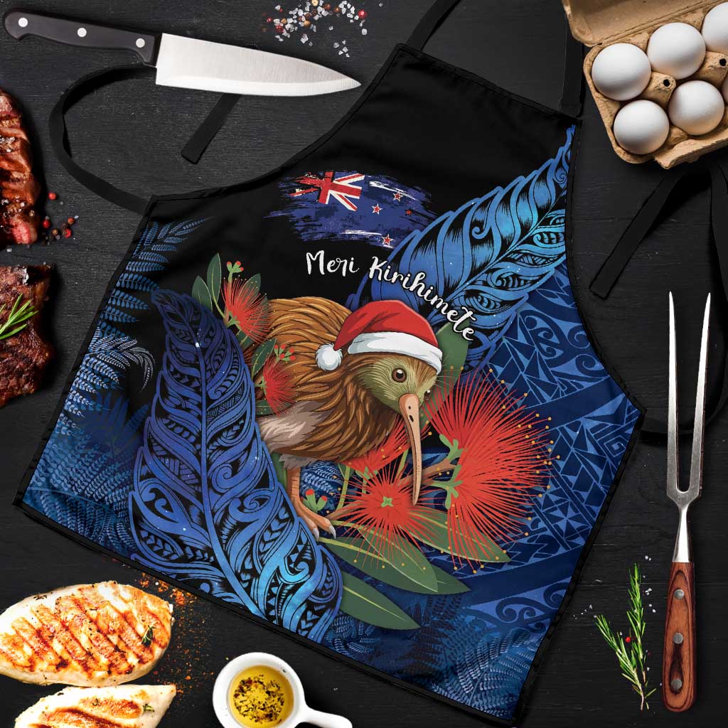 New Zealand Christmas Apron Santa Kiwi Bird With Pohutukawa Flowers DT05 Navy - Polynesian Pride