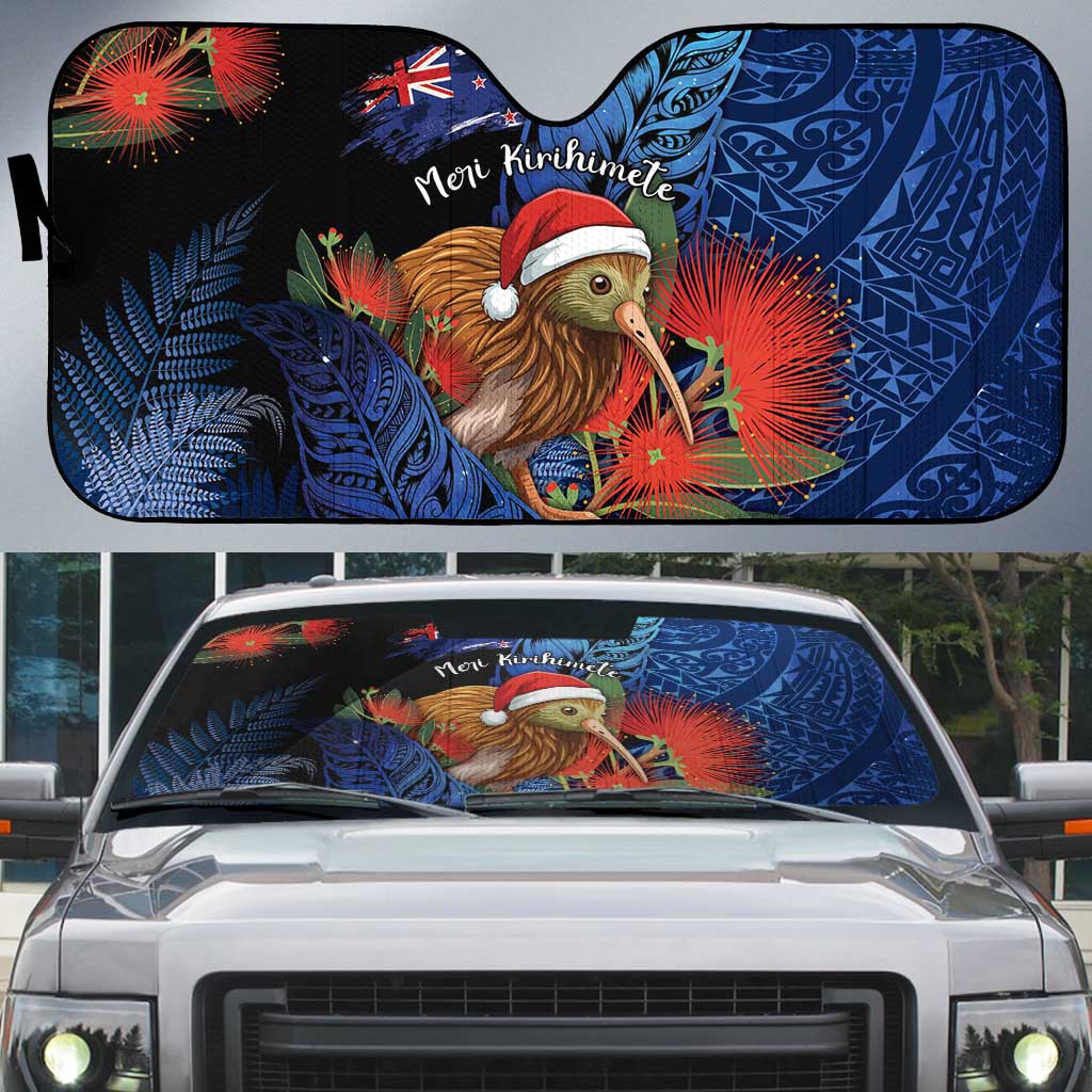 New Zealand Christmas Auto Sun Shade Santa Kiwi Bird With Pohutukawa Flowers DT05 Navy - Polynesian Pride