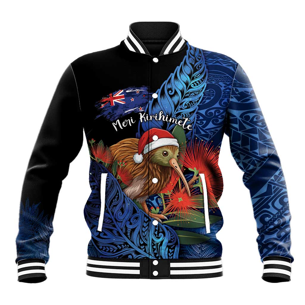 Personalised New Zealand Christmas Baseball Jacket Santa Kiwi Bird With Pohutukawa Flowers DT05 Unisex Navy - Polynesian Pride
