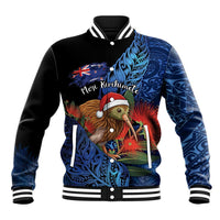 Personalised New Zealand Christmas Baseball Jacket Santa Kiwi Bird With Pohutukawa Flowers DT05 Unisex Navy - Polynesian Pride
