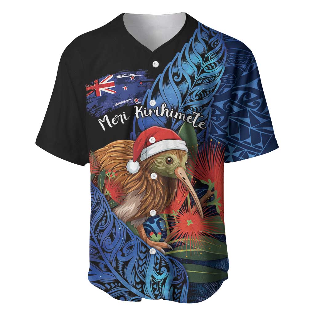 Personalised New Zealand Christmas Baseball Jersey Santa Kiwi Bird With Pohutukawa Flowers DT05 Navy - Polynesian Pride