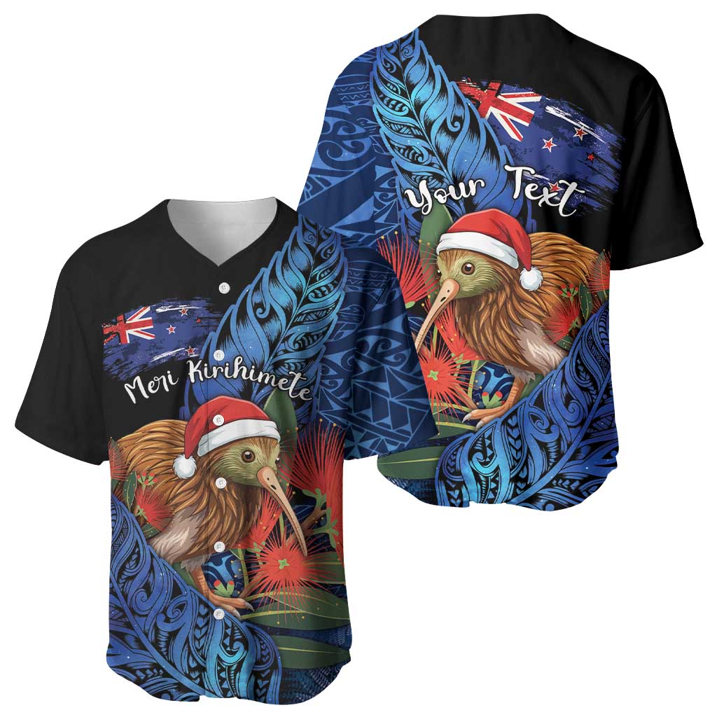 Personalised New Zealand Christmas Baseball Jersey Santa Kiwi Bird With Pohutukawa Flowers DT05 - Polynesian Pride
