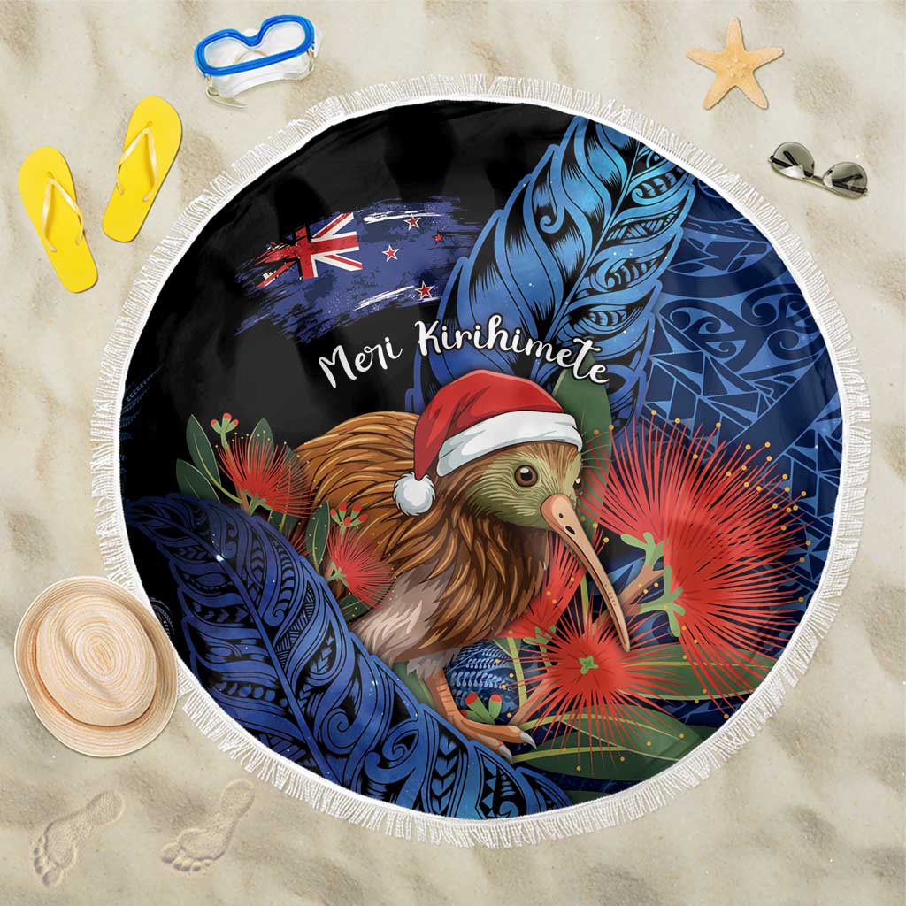 New Zealand Christmas Beach Blanket Santa Kiwi Bird With Pohutukawa Flowers DT05 One Size 150cm Navy - Polynesian Pride