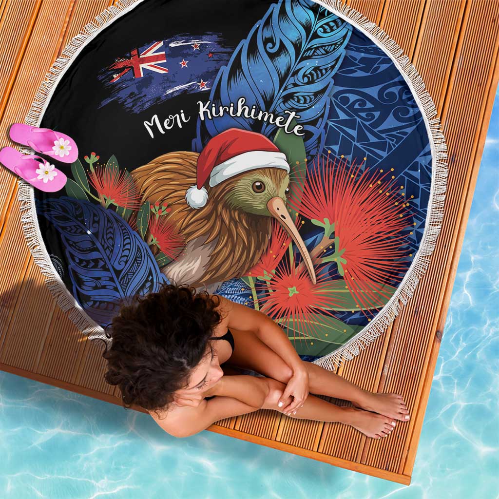 New Zealand Christmas Beach Blanket Santa Kiwi Bird With Pohutukawa Flowers DT05 - Polynesian Pride