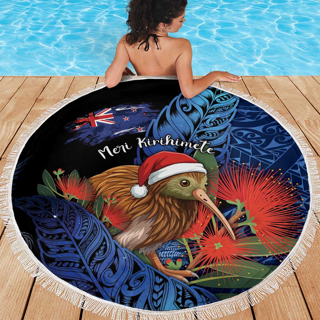New Zealand Christmas Beach Blanket Santa Kiwi Bird With Pohutukawa Flowers DT05 - Polynesian Pride