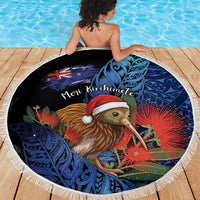 New Zealand Christmas Beach Blanket Santa Kiwi Bird With Pohutukawa Flowers DT05 - Polynesian Pride