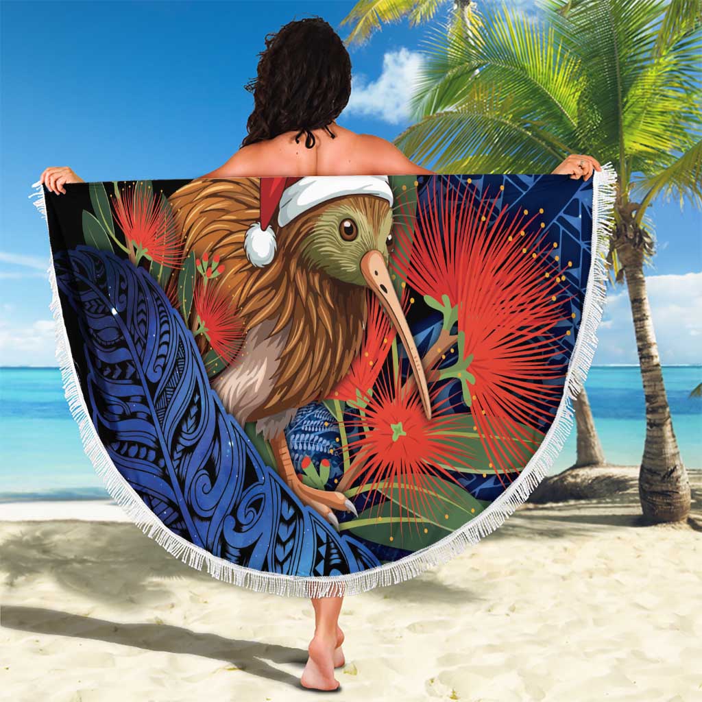 New Zealand Christmas Beach Blanket Santa Kiwi Bird With Pohutukawa Flowers DT05 - Polynesian Pride