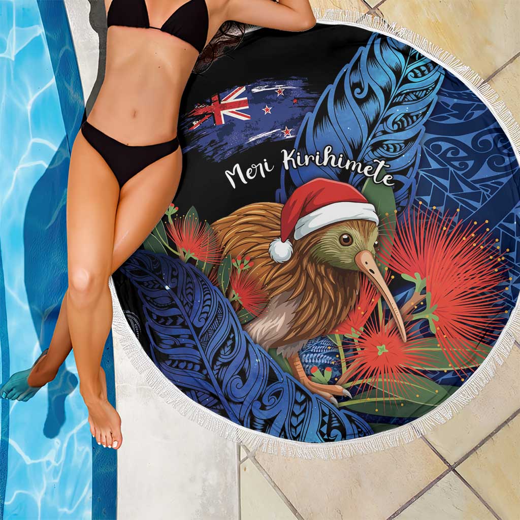 New Zealand Christmas Beach Blanket Santa Kiwi Bird With Pohutukawa Flowers DT05 - Polynesian Pride