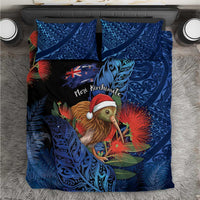 New Zealand Christmas Bedding Set Santa Kiwi Bird With Pohutukawa Flowers DT05 Navy - Polynesian Pride