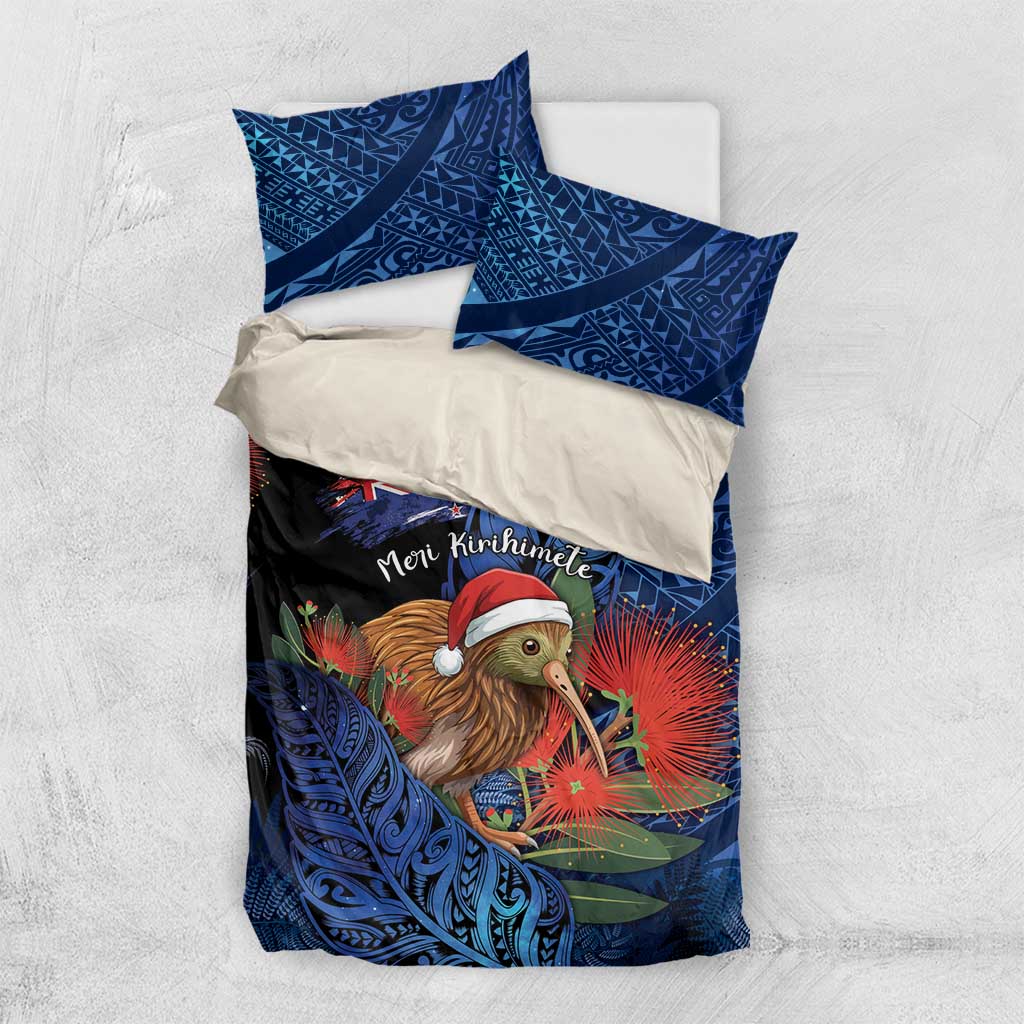 New Zealand Christmas Bedding Set Santa Kiwi Bird With Pohutukawa Flowers DT05 US Twin 172cm x 218cm Navy - Polynesian Pride