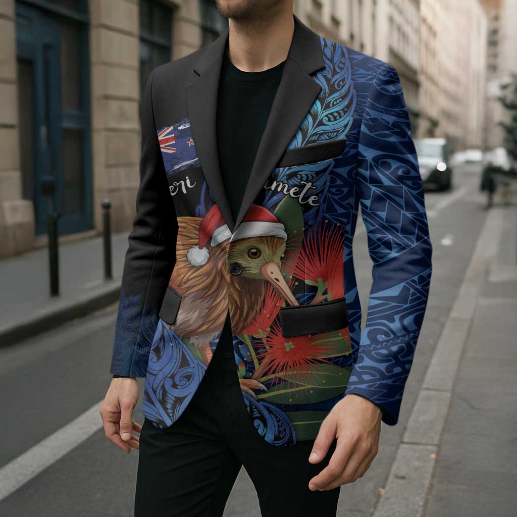 Personalised New Zealand Christmas Blazer Santa Kiwi Bird With Pohutukawa Flowers DT05 - Polynesian Pride