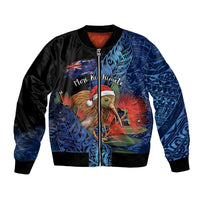 Personalised New Zealand Christmas Bomber Jacket Santa Kiwi Bird With Pohutukawa Flowers DT05 Unisex Navy - Polynesian Pride