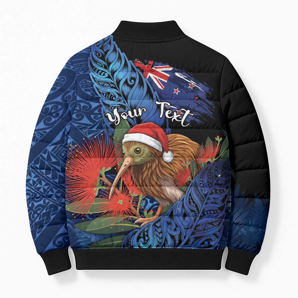 Personalised New Zealand Christmas Bomber Puffer Jacket Santa Kiwi Bird With Pohutukawa Flowers DT05 - Polynesian Pride