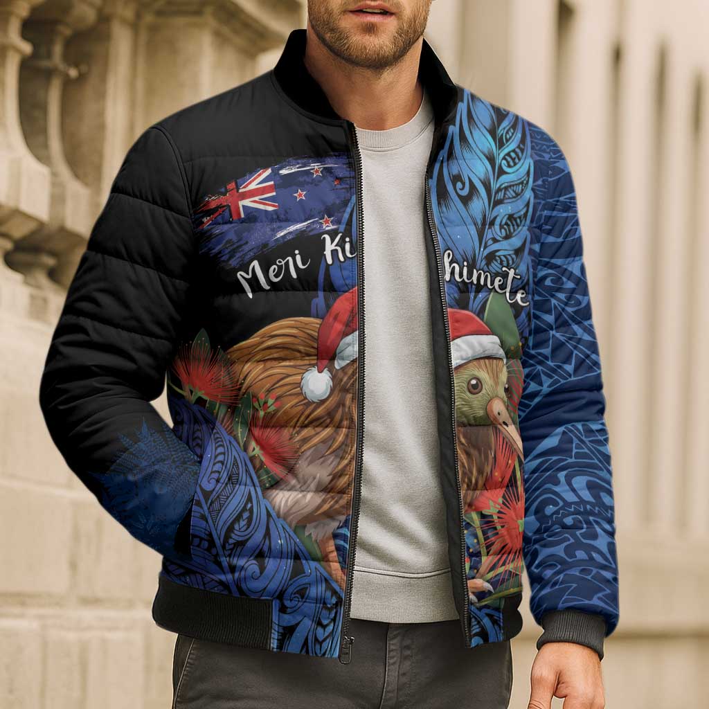 Personalised New Zealand Christmas Bomber Puffer Jacket Santa Kiwi Bird With Pohutukawa Flowers DT05 - Polynesian Pride