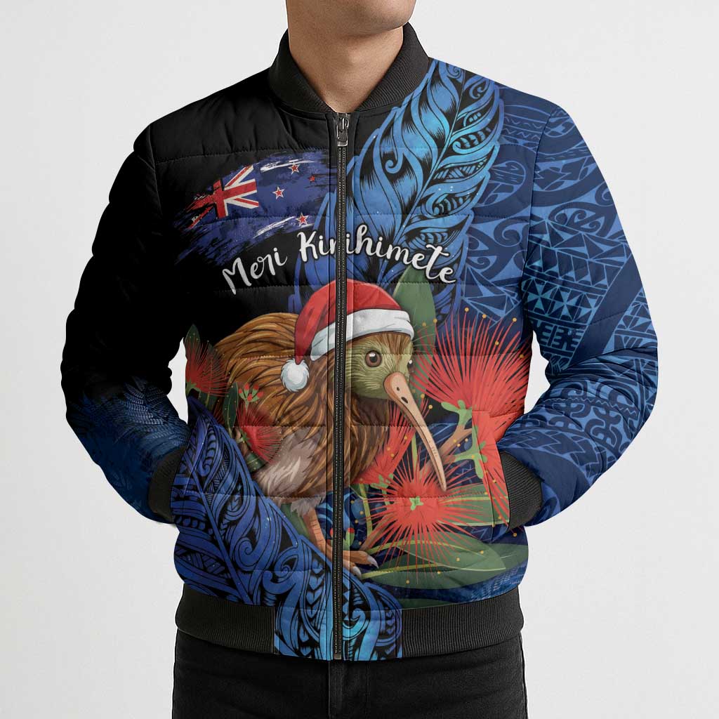 Personalised New Zealand Christmas Bomber Puffer Jacket Santa Kiwi Bird With Pohutukawa Flowers DT05 - Polynesian Pride