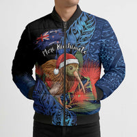 Personalised New Zealand Christmas Bomber Puffer Jacket Santa Kiwi Bird With Pohutukawa Flowers DT05 - Polynesian Pride