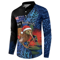 Personalised New Zealand Christmas Button Sweatshirt Santa Kiwi Bird With Pohutukawa Flowers DT05 - Polynesian Pride