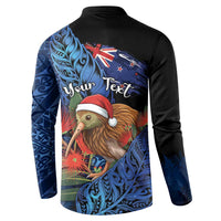 Personalised New Zealand Christmas Button Sweatshirt Santa Kiwi Bird With Pohutukawa Flowers DT05 - Polynesian Pride