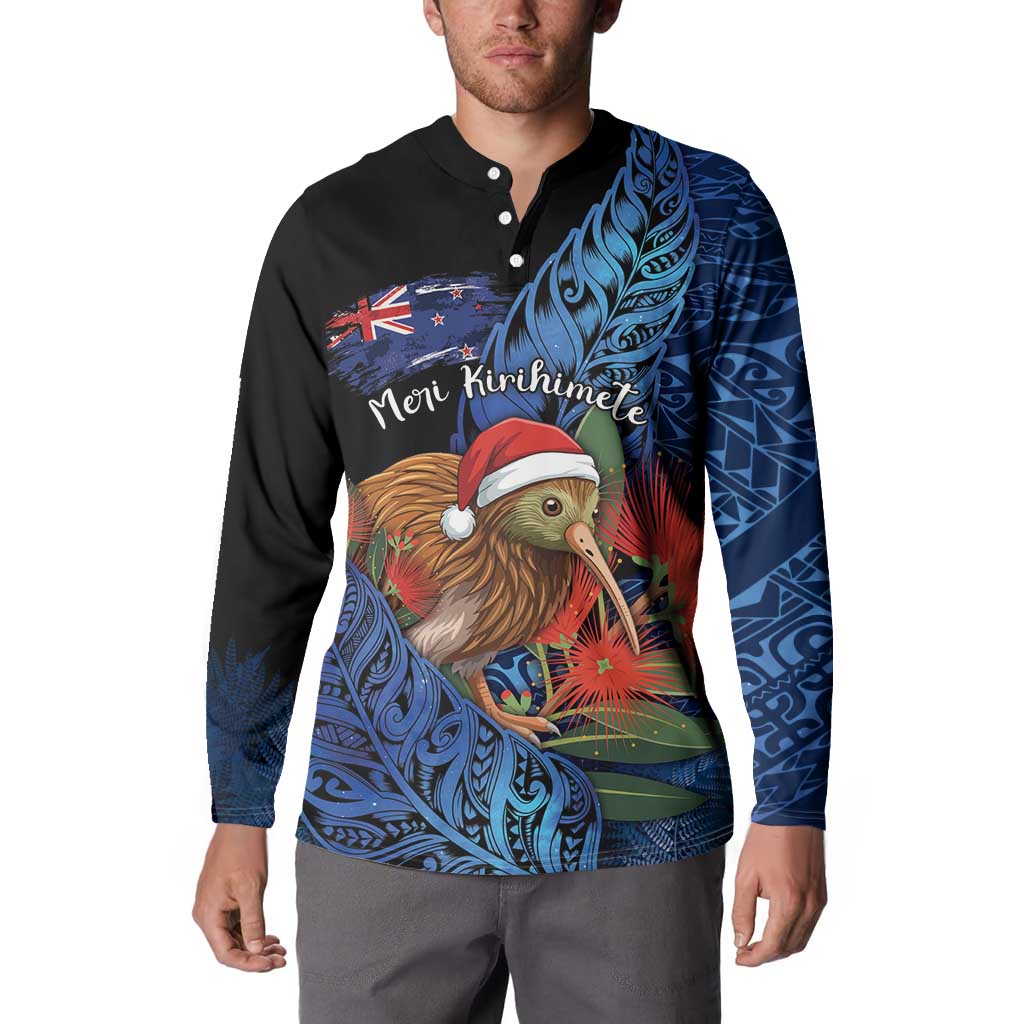 Personalised New Zealand Christmas Button Sweatshirt Santa Kiwi Bird With Pohutukawa Flowers DT05 - Polynesian Pride