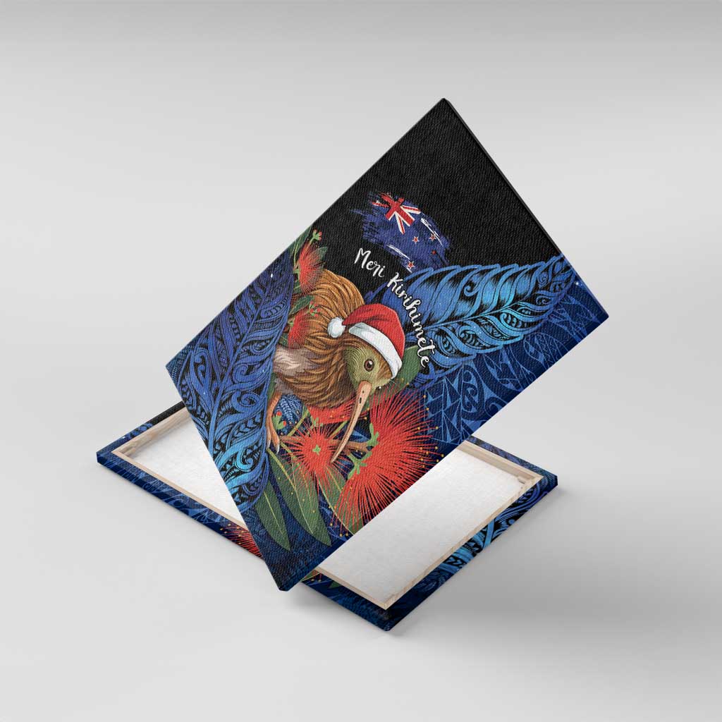New Zealand Christmas Canvas Wall Art Santa Kiwi Bird With Pohutukawa Flowers DT05 With Frame Navy - Polynesian Pride