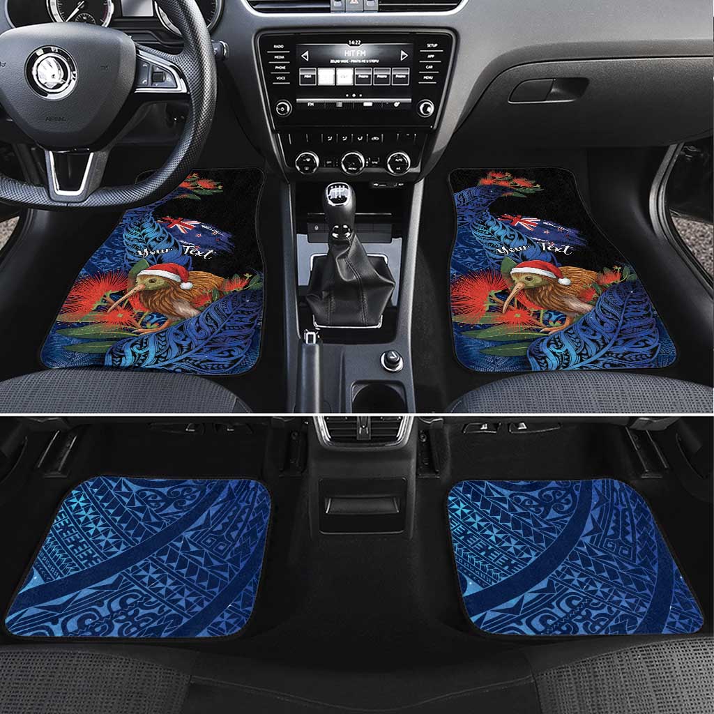 Personalised New Zealand Christmas Car Mats Santa Kiwi Bird With Pohutukawa Flowers DT05 Set 4pcs Navy - Polynesian Pride
