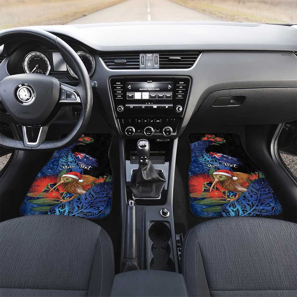 Personalised New Zealand Christmas Car Mats Santa Kiwi Bird With Pohutukawa Flowers DT05 Set 2pcs - Front Navy - Polynesian Pride