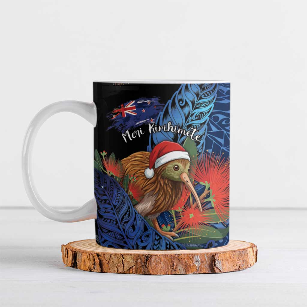 Personalised New Zealand Christmas Ceramic Mug Santa Kiwi Bird With Pohutukawa Flowers DT05 Navy - Polynesian Pride