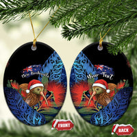 Personalised New Zealand Christmas Ceramic Ornament Santa Kiwi Bird With Pohutukawa Flowers DT05 Oval Navy - Polynesian Pride