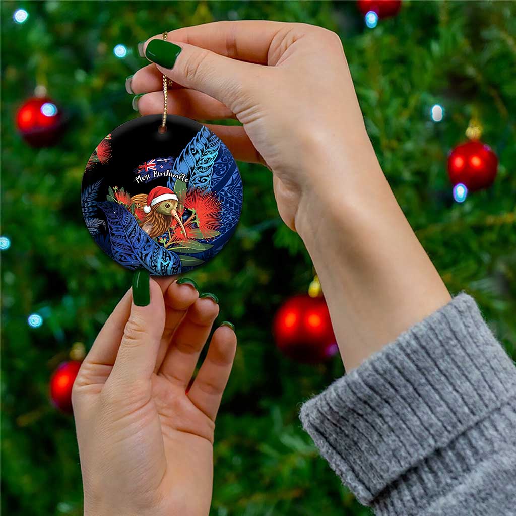 Personalised New Zealand Christmas Ceramic Ornament Santa Kiwi Bird With Pohutukawa Flowers DT05 - Polynesian Pride