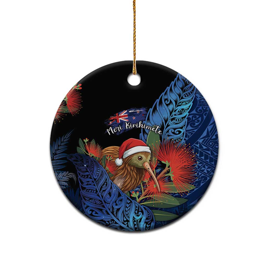 Personalised New Zealand Christmas Ceramic Ornament Santa Kiwi Bird With Pohutukawa Flowers DT05 - Polynesian Pride
