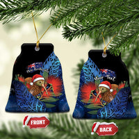 Personalised New Zealand Christmas Ceramic Ornament Santa Kiwi Bird With Pohutukawa Flowers DT05 Bell Flake Navy - Polynesian Pride