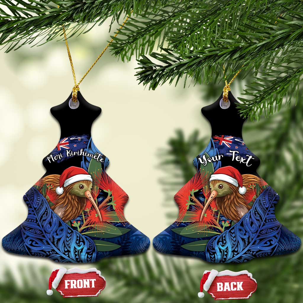 Personalised New Zealand Christmas Ceramic Ornament Santa Kiwi Bird With Pohutukawa Flowers DT05 Christmas Tree Navy - Polynesian Pride