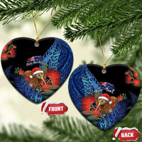 Personalised New Zealand Christmas Ceramic Ornament Santa Kiwi Bird With Pohutukawa Flowers DT05 Heart Navy - Polynesian Pride