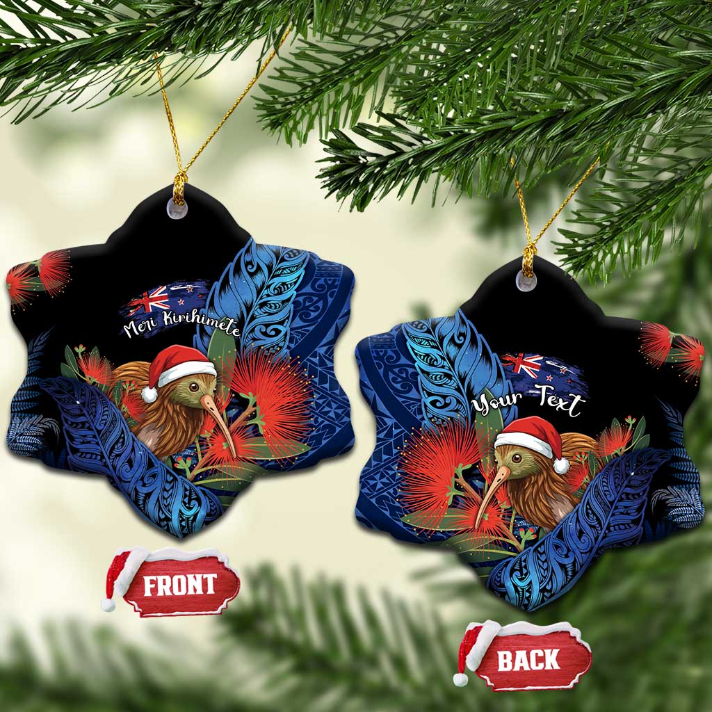 Personalised New Zealand Christmas Ceramic Ornament Santa Kiwi Bird With Pohutukawa Flowers DT05 Snow Flake Navy - Polynesian Pride