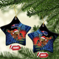 Personalised New Zealand Christmas Ceramic Ornament Santa Kiwi Bird With Pohutukawa Flowers DT05 Star Navy - Polynesian Pride