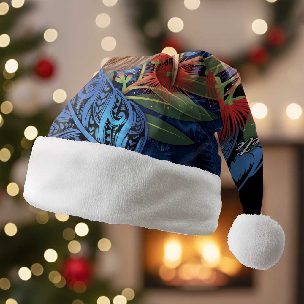 Personalised New Zealand Christmas Santa Hat Santa Kiwi Bird With Pohutukawa Flowers DT05 Without Fur Navy - Polynesian Pride