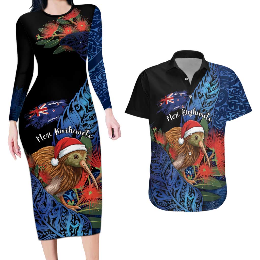 Personalised New Zealand Christmas Couples Matching Long Sleeve Bodycon Dress and Hawaiian Shirt Santa Kiwi Bird With Pohutukawa Flowers - Polynesian Pride