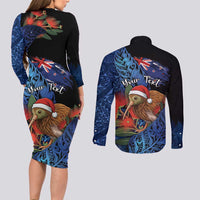 Personalised New Zealand Christmas Couples Matching Long Sleeve Bodycon Dress and Long Sleeve Button Shirt Santa Kiwi Bird With Pohutukawa Flowers DT05 - Polynesian Pride