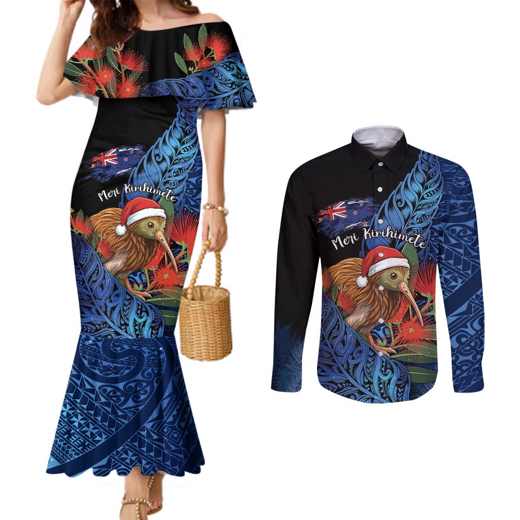 Personalised New Zealand Christmas Couples Matching Mermaid Dress and Long Sleeve Button Shirt Santa Kiwi Bird With Pohutukawa Flowers DT05 Navy - Polynesian Pride
