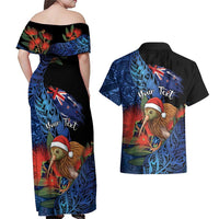 Personalised New Zealand Christmas Couples Matching Off Shoulder Maxi Dress and Hawaiian Shirt Santa Kiwi Bird With Pohutukawa Flowers DT05 - Polynesian Pride