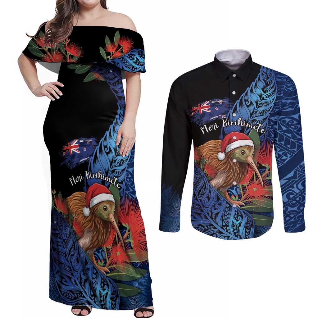 Personalised New Zealand Christmas Couples Matching Off Shoulder Maxi Dress and Long Sleeve Button Shirt Santa Kiwi Bird With Pohutukawa Flowers DT05 Navy - Polynesian Pride