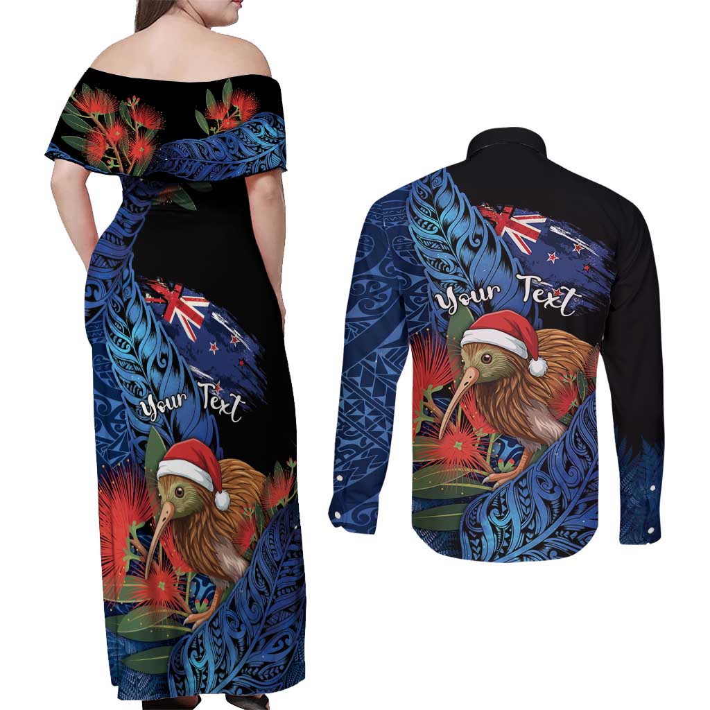 Personalised New Zealand Christmas Couples Matching Off Shoulder Maxi Dress and Long Sleeve Button Shirt Santa Kiwi Bird With Pohutukawa Flowers DT05 - Polynesian Pride
