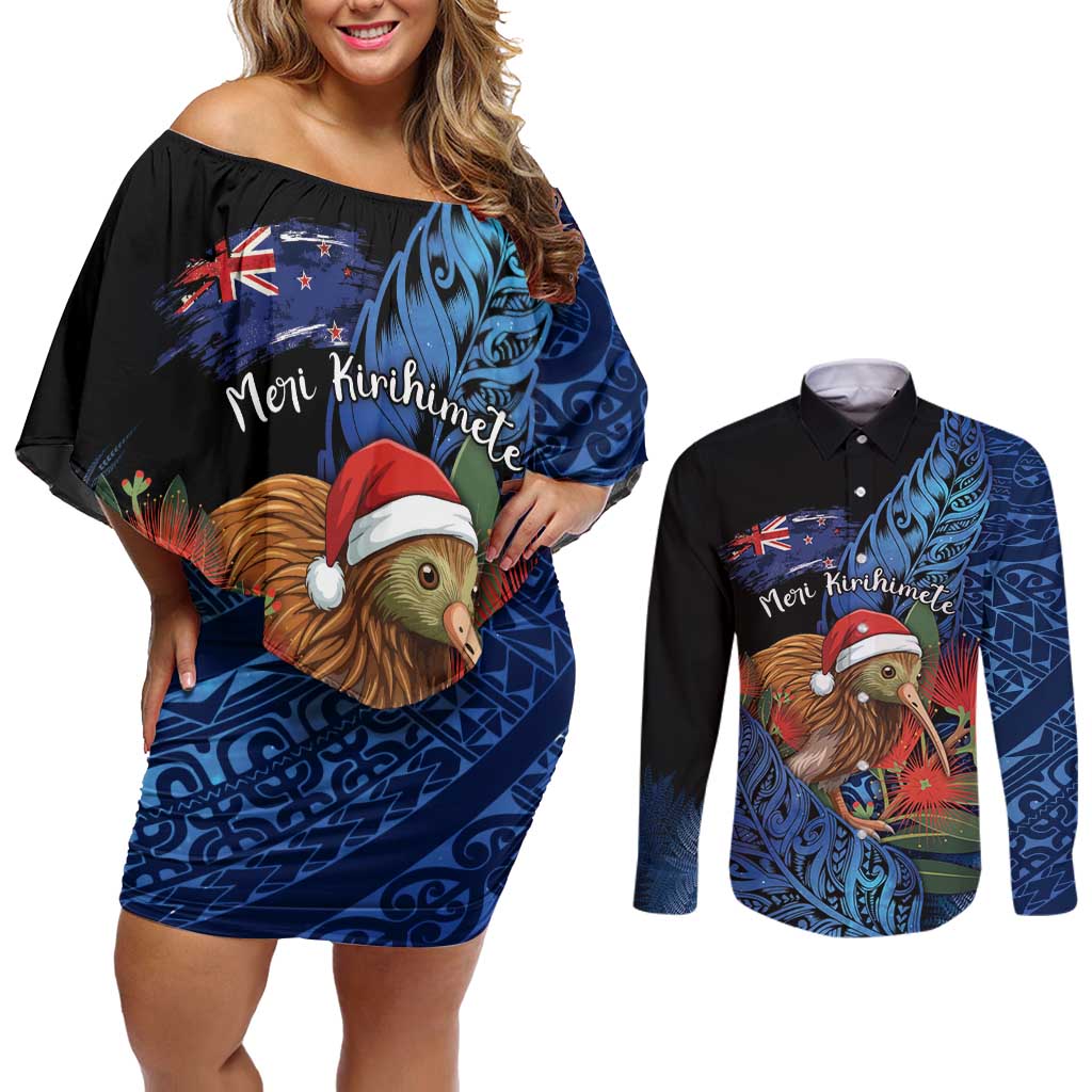 Personalised New Zealand Christmas Couples Matching Off Shoulder Short Dress and Long Sleeve Button Shirt Santa Kiwi Bird With Pohutukawa Flowers DT05 Navy - Polynesian Pride