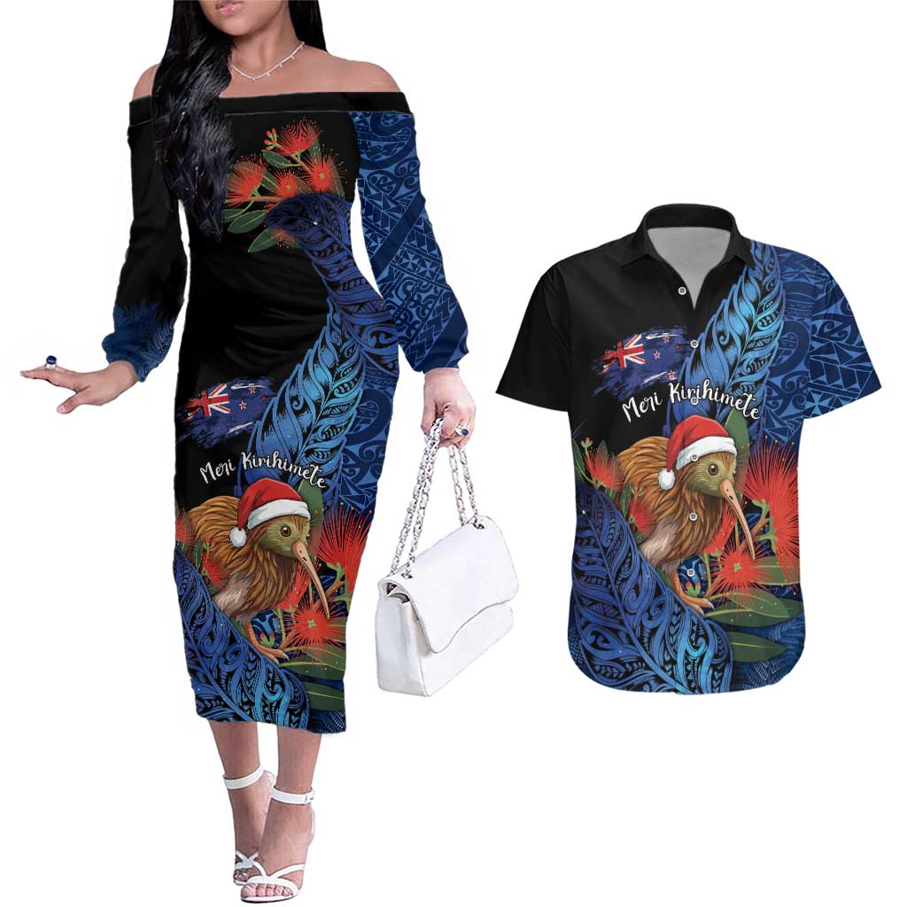 Personalised New Zealand Christmas Couples Matching Off The Shoulder Long Sleeve Dress and Hawaiian Shirt Santa Kiwi Bird With Pohutukawa Flowers DT05 Navy - Polynesian Pride