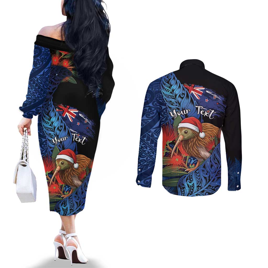 Personalised New Zealand Christmas Couples Matching Off The Shoulder Long Sleeve Dress and Long Sleeve Button Shirt Santa Kiwi Bird With Pohutukawa Flowers DT05 - Polynesian Pride