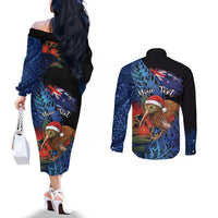 Personalised New Zealand Christmas Couples Matching Off The Shoulder Long Sleeve Dress and Long Sleeve Button Shirt Santa Kiwi Bird With Pohutukawa Flowers DT05 - Polynesian Pride